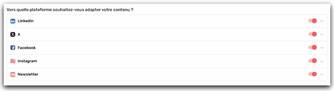 Checkboxes des 5 plateformes agent reseaux sociaux