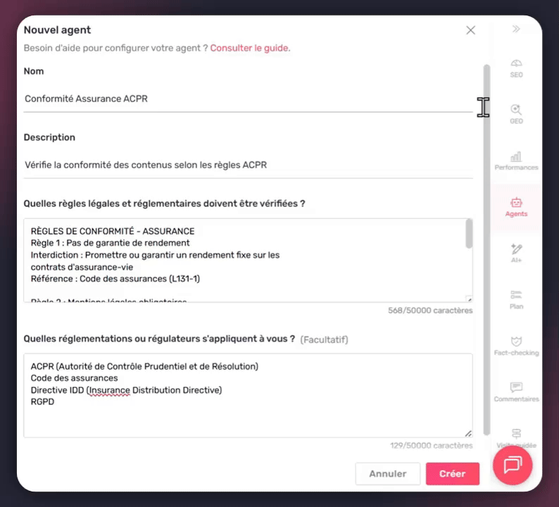Créer agent conformité légale