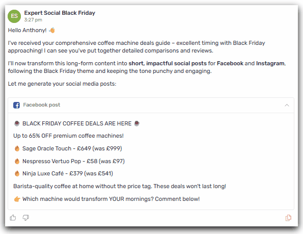 generated facebook posts agent social